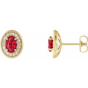 14K Yellow Chatham® Created Ruby & 1/5 CTW Diamond Halo-Style Earrings - Siddiqui Jewelers