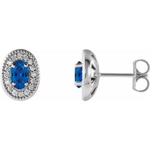 14K White Chatham® Created Blue Sapphire & 1/8 CTW Diamond Halo-Style Earrings - Siddiqui Jewelers