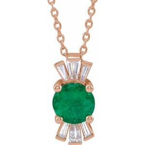 14K Rose Chatham® Lab-Created Emerald & 1/6 CTW Diamond 16-18" Necklace - Siddiqui Jewelers