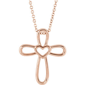 14K Rose Cross with Heart 16-18" Necklace - Siddiqui Jewelers