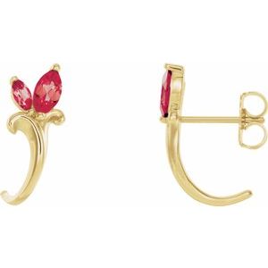 14K Yellow Chatham® Created Ruby Floral-Inspired J-Hoop Earrings - Siddiqui Jewelers