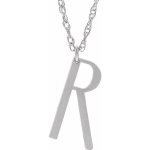 14K White Block Initial R 16-18" Necklace with Brush Finish - Siddiqui Jewelers