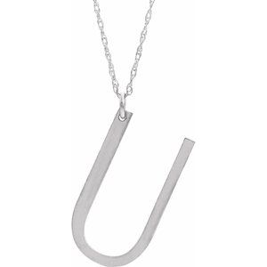 14K White Block Initial U 16-18" Necklace with Brush Finish - Siddiqui Jewelers