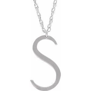 14K White Block Initial S 16-18" Necklace with Brush Finish - Siddiqui Jewelers