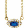 14K Yellow Chatham® Lab-Created Blue Sapphire & .05 CTW Diamond Halo-Style 16" Necklace - Siddiqui Jewelers
