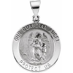14K White 18 mm Hollow Round Guardian Angel Medal - Siddiqui Jewelers