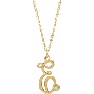 14K Yellow Gold-Plated .02 CT Diamond Script Initial E 16-18" Necklace - Siddiqui Jewelers
