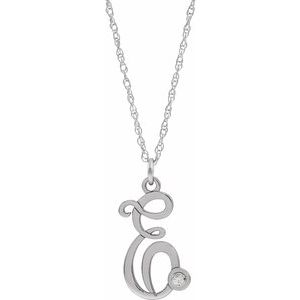Sterling Silver .02 CT Diamond Script Initial E 16-18" Necklace - Siddiqui Jewelers