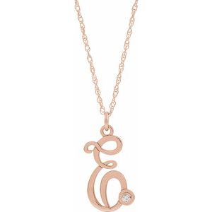 14K Rose Gold-Plated Sterling Silver .02 CT Diamond Script Initial E 16-18" Necklace - Siddiqui Jewelers