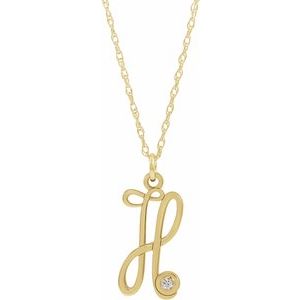 14K Yellow Gold-Plated .02 CT Diamond Script Initial H 16-18" Necklace - Siddiqui Jewelers