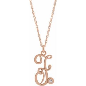 14K Rose Gold-Plated Sterling Silver .02 CT Diamond Script Initial F 16-18" Necklace - Siddiqui Jewelers