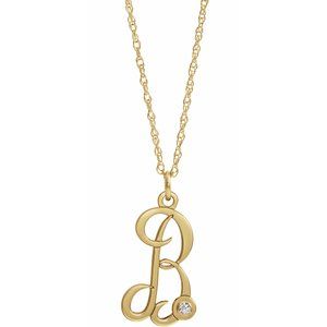 14K Yellow Gold-Plated .02 CT Diamond Script Initial B 16-18" Necklace - Siddiqui Jewelers