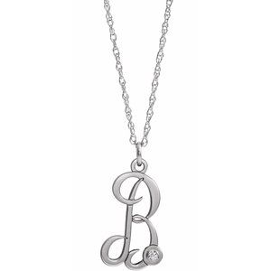 14K White .02 CT Diamond Script Initial B 16-18" Necklace - Siddiqui Jewelers