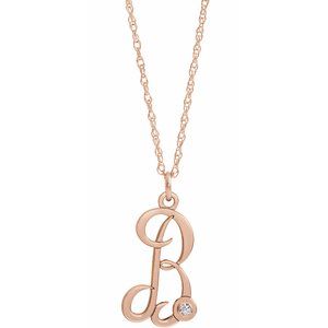 14K Rose Gold-Plated Sterling Silver .02 CT Diamond Script Initial B 16-18" Necklace - Siddiqui Jewelers