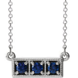 14K White Chatham® Created Blue Sapphire Three-Stone Granulated Bar 16-18" Necklace - Siddiqui Jewelers