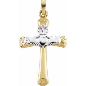 14K Yellow/White 27x19.5 mm Hollow Claddagh Cross Pendant - Siddiqui Jewelers