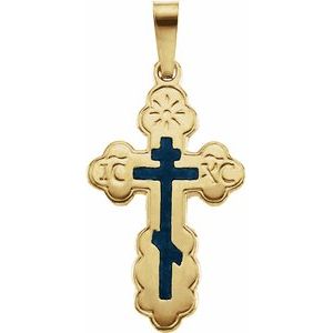 14K Yellow 19x13 mm Orthodox Cross Pendant with Blue Enamel - Siddiqui Jewelers