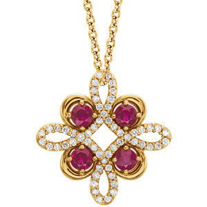14K Yellow Chatham® Created Ruby & 1/6 CTW Diamond Clover 18" Necklace - Siddiqui Jewelers