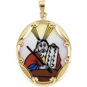 14K Yellow 25x19.5 mm Moses Hand-Painted Porcelain Medal - Siddiqui Jewelers