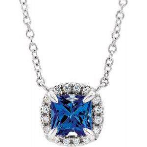 Sterling Silver 3x3 mm Square Chatham® Lab-Created Blue Sapphire & .05 CTW Diamond 18" Necklace - Siddiqui Jewelers