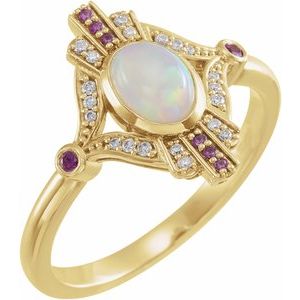 14K Yellow Cabochon Ethiopian Opal, Pink Sapphire & .06 CTW Diamond Ring - Siddiqui Jewelers