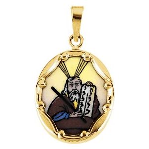 14K Yellow 17x13.5 mm Moses Hand-Painted Porcelain Medal - Siddiqui Jewelers