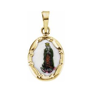 14K Yellow 13x10 mm Our Lady of Guadalupe Hand-Painted Porcelain Medal - Siddiqui Jewelers