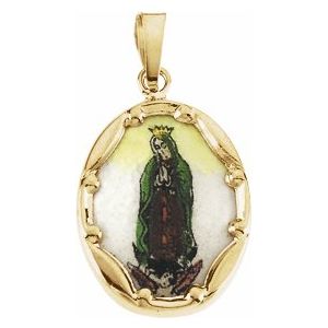 14K Yellow 20x15 mm Our Lady of Guadalupe Hand-Painted Porcelain Medal - Siddiqui Jewelers