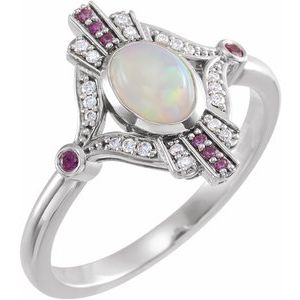14K White Cabochon Ethiopian Opal, Pink Sapphire & .06 CTW Diamond Ring - Siddiqui Jewelers