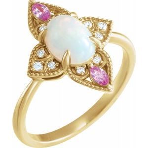 14K Yellow Ethiopian Opal, Pink Sapphire & .05 CTW Diamond Vintage-Inspired Ring - Siddiqui Jewelers