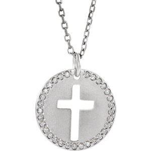 14K White .07 CTW Diamond Pierced Cross Disc 18" Necklace - Siddiqui Jewelers