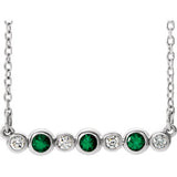 14K White Chatham® Created Emerald & .08 CTW Diamond Bezel-Set Bar 16-18" Necklace - Siddiqui Jewelers