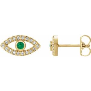 14K Yellow Natural Emerald & Natural White Sapphire Evil Eye Earrings Siddiqui Jewelers