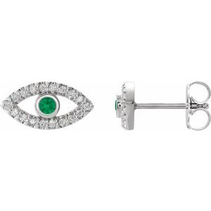 14K White Natural Emerald & Natural White Sapphire Evil Eye Earrings Siddiqui Jewelers