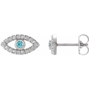 Sterling Silver Natural Blue Zircon & Natural White Sapphire Evil Eye Earrings Siddiqui Jewelers