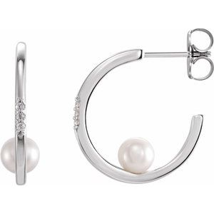 14K White Freshwater Cultured Pearl & .025 CTW Diamond Hoop Earrings - Siddiqui Jewelers