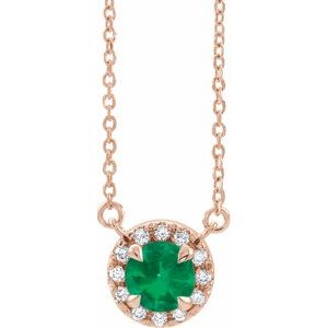 14K Rose 4.5 mm Natural Emerald & .05 CTW Natural Diamond 18" Necklace Siddiqui Jewelers