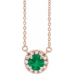 14K Rose 6.5 mm Lab-Grown Emerald 1/6 CTW Natural Diamond 16" Necklace Siddiqui Jewelers