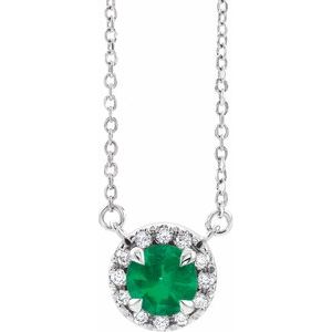 14K White 3 mm Natual Emerald & .03 CTW Natual Diamond 18" Necklace Siddiqui Jewelers