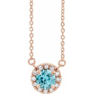 14K Rose 5.5 mm Natural Blue Zircon 1/10 CTW Natural Diamond 18" Necklace Siddiqui Jewelers
