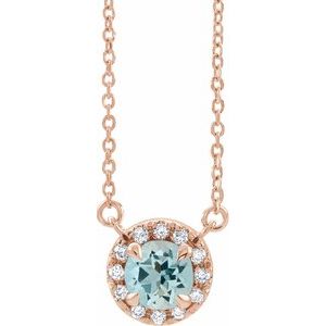 14K Rose 5.5 mm Natural Aquamarine 1/10 CTW Natural Diamond 18" Necklace Siddiqui Jewelers
