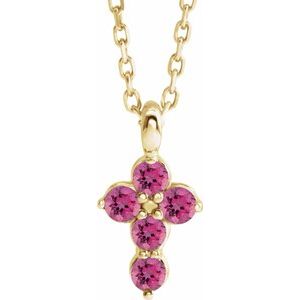 14K Yellow Pink Tourmaline Cross 16-18" Necklace - Siddiqui Jewelers