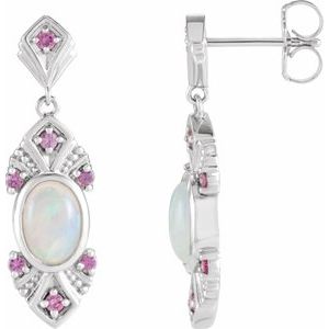 14K White Ethiopian Opal & Pink Sapphire Vintage-Inspired Earrings - Siddiqui Jewelers