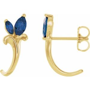 14K Yellow Blue Sapphire Floral-Inspired J-Hoop Earrings - Siddiqui Jewelers