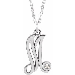 14K White .02 CT Diamond Script Initial M 16-18" Necklace - Siddiqui Jewelers