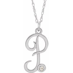 14K White .02 CT Diamond Script Initial P 16-18" Necklace - Siddiqui Jewelers