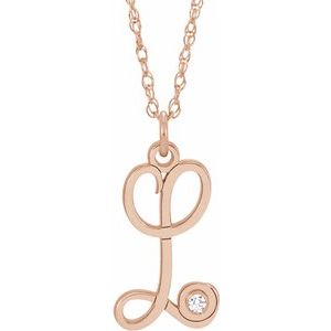 14K Rose Gold-Plated Sterling Silver .02 CT Diamond Script Initial L 16-18" Necklace - Siddiqui Jewelers