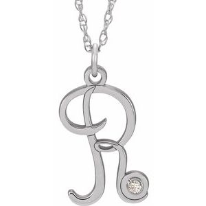Sterling Silver .02 CT Diamond Script Initial R 16-18" Necklace - Siddiqui Jewelers
