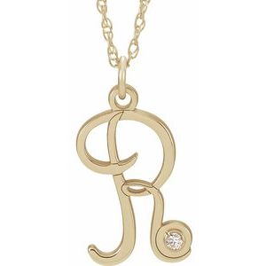 14K Yellow Gold-Plated .02 CT Diamond Script Initial R 16-18" Necklace - Siddiqui Jewelers