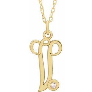 14K Yellow Gold-Plated .02 CT Diamond Script Initial V 16-18" Necklace - Siddiqui Jewelers